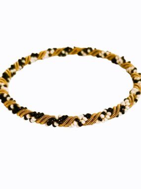 Beaded & Gold Metal Weaved Bangle 8.25" Black White Wrapped Bracelet